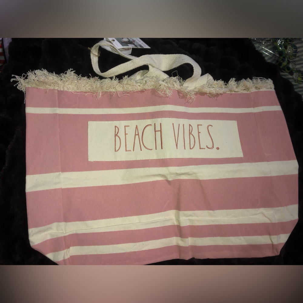 🌸 Rae Dunn Pink Canvas Beach Tote with Cream Stripe “ Beach Vibes “